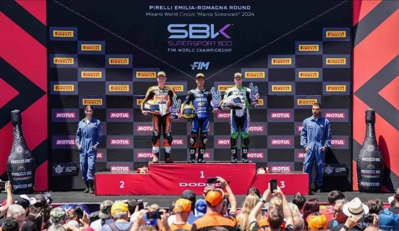 Podium World Supersport 300 (WorldSSP300) Emilia-Romagna, Minggu (16/6/2024).