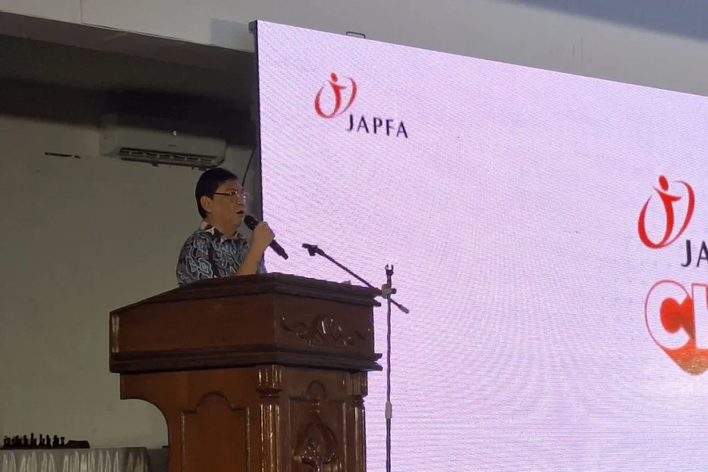 Ketua Umum PB Percasi, Utut Adianto dalam pidato sambutan gelaran Japfa Chess Festival 2024 yang berlangsung di Gedung Serbaguna Senayan, Komplek Gelora Bung Karno, Jakarta, Sabtu (17/08/2024).